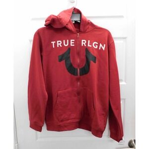 True Religion Men's Large Logo Full Zip-Up Hoodie‎ Sweatshirt Red Dahlia